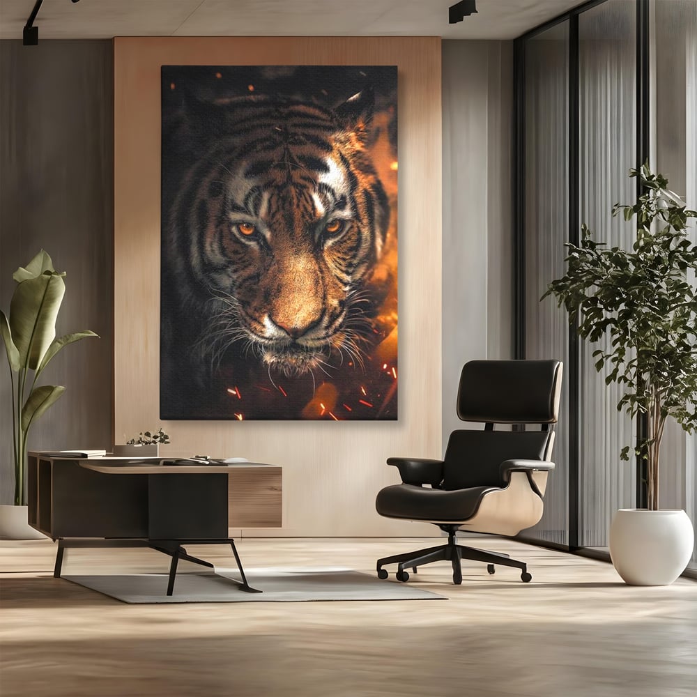 Tablou canvas cu tablou canvas cu cap de tigru si scantei, fara rama, pe sasiu de lemn, pe perete intr-un birou